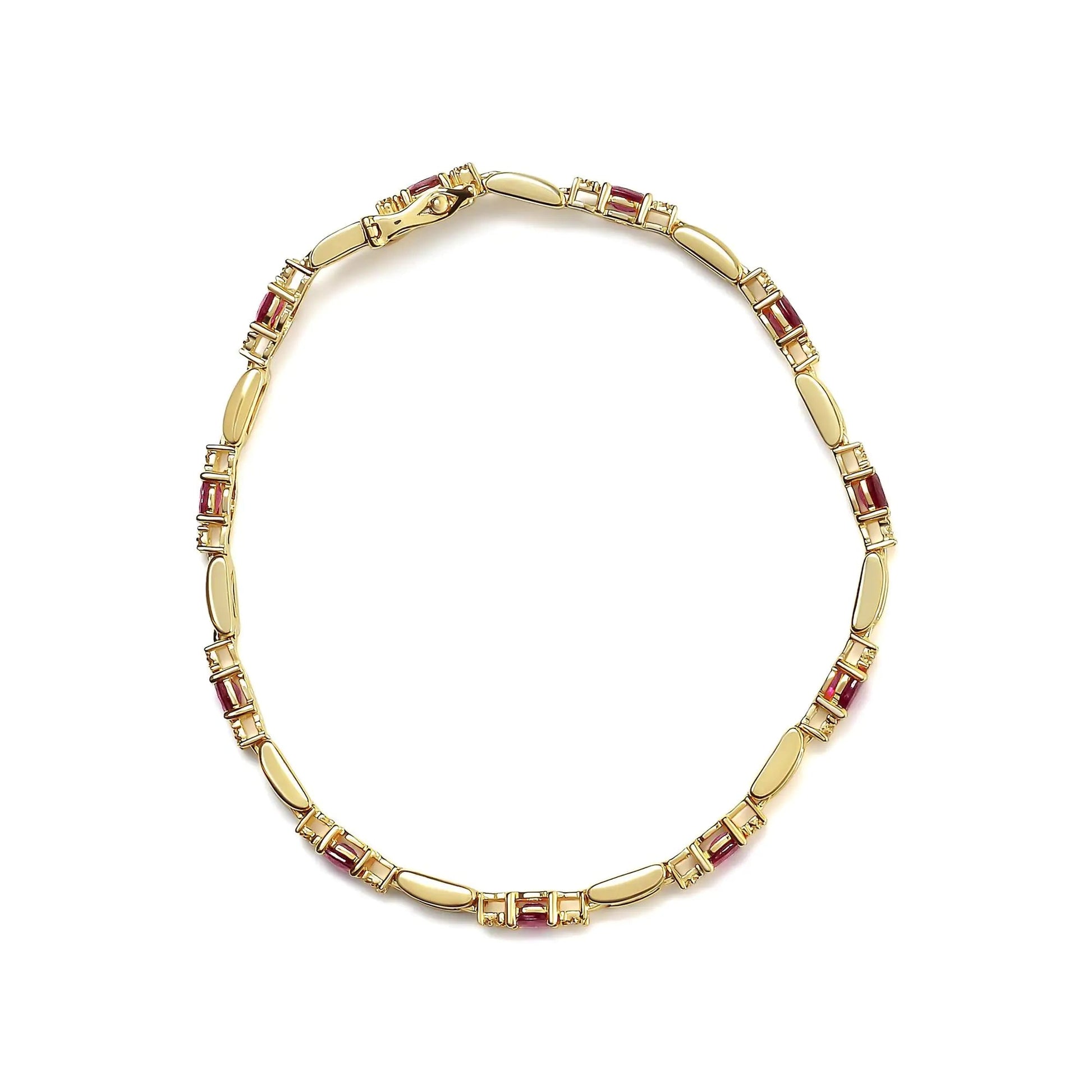 10K Yellow Gold Oval Ruby and 1/10 Cttw Diamond Bar Prong Set Bracelet (H-I Color, SI1-SI2 Clarity)  - Size 7" WEM Support (www.WEM.support)