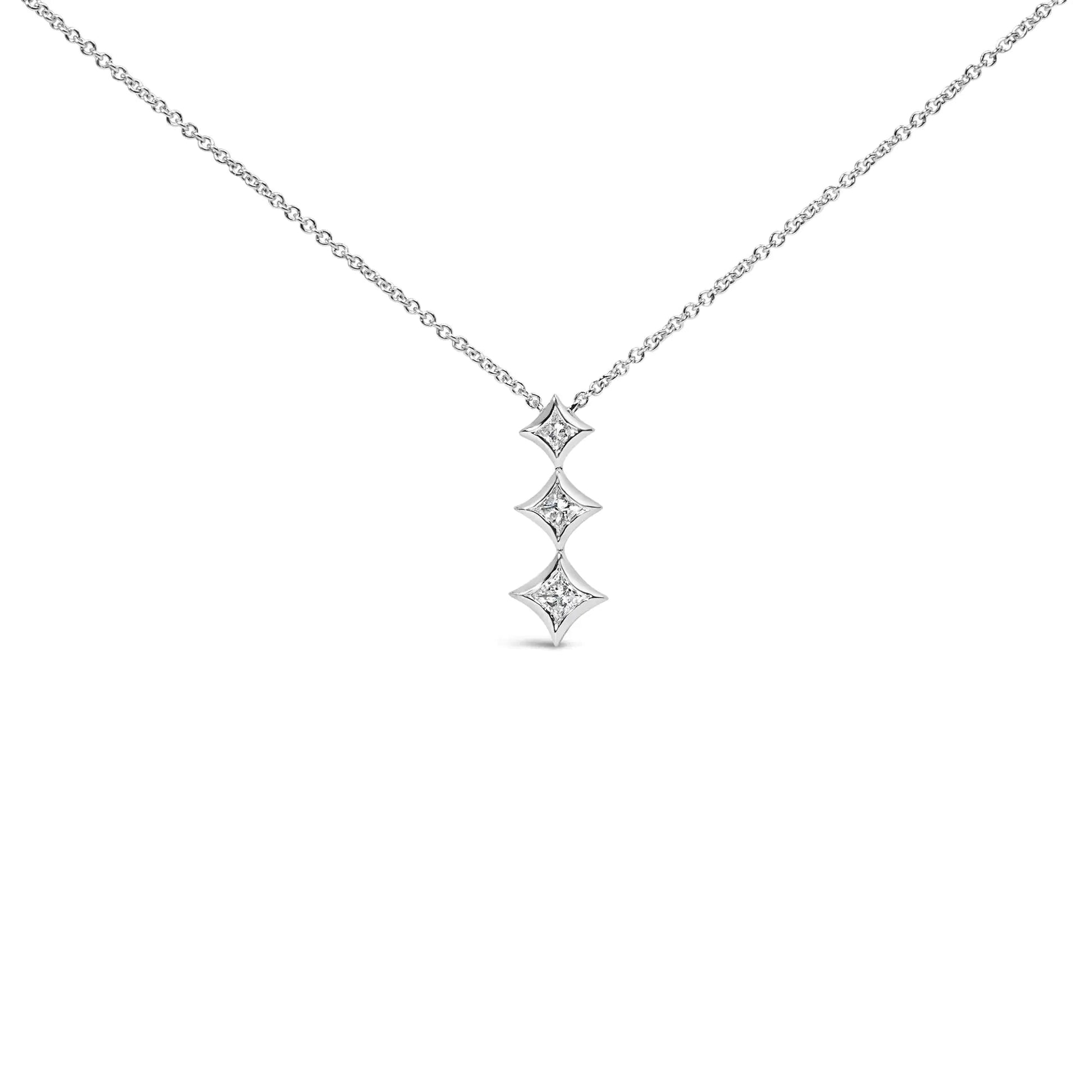 10K Gold 1/5 Cttw Princess Cut Diamond 3 Stone Drop 18" Pendant Necklace (H-I Color, SI2-I1 Clarity) WEM Support (www.WEM.support)