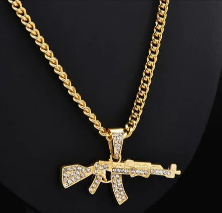 Men's Diamond-Encrusted Submachine Gun Necklace WEM Support (www.WEM.support)