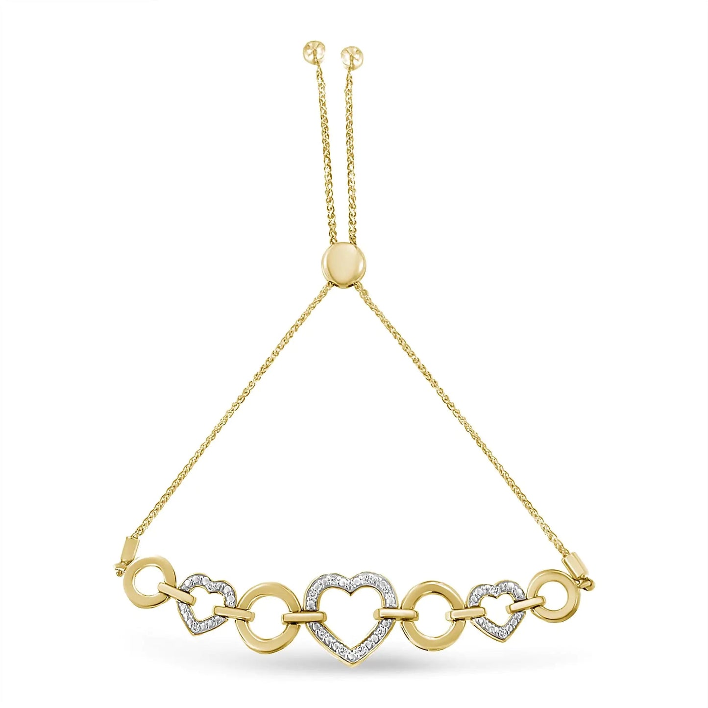 10K Yellow Gold over .925 Sterling Silver 1/10 Cttw Round-Cut Diamond Heart-Link Adjustable Bolo Bracelet (H-I Color, I2-I3 Clarity) - 6"-9" Adjustable WEM Support (www.WEM.support)