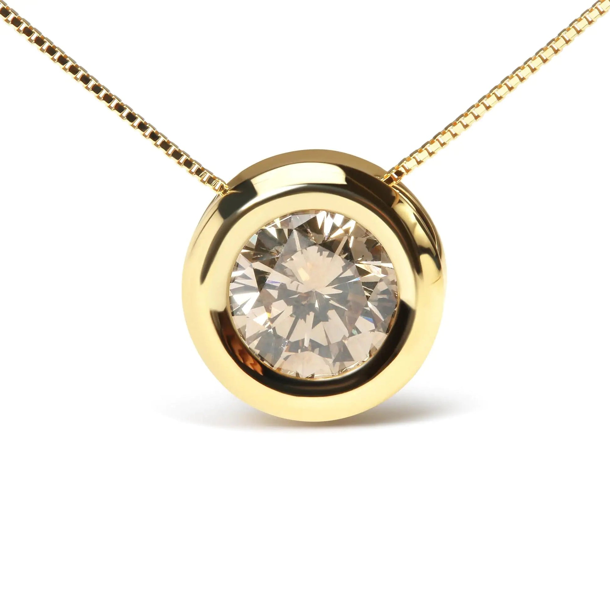 14K Yellow Gold 1 3/8 Cttw Bezel Set Round Champagne Diamond Solitaire 18" Pendant Necklace (Champagne Color, SI2-I1 Clarity) WEM Support (www.WEM.support)