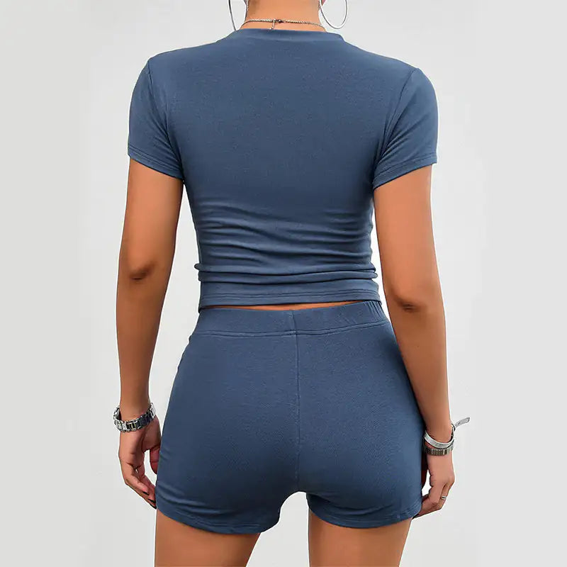 Solid Color Slim Sports Suit Summer 2Pcs Short-sleeved Round Neck T-shirt And Elastic Shorts Fashion Womens Clothing WEM Support (www.WEM.support)