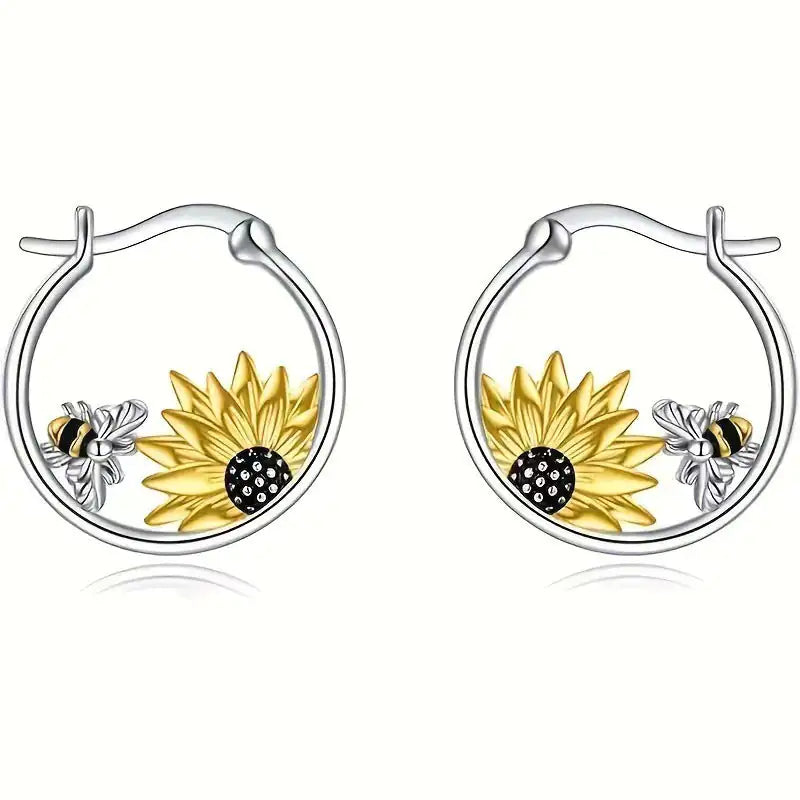 Sunflower Bee Round Ring Earrings Color Meiko WEM Support (www.WEM.support)