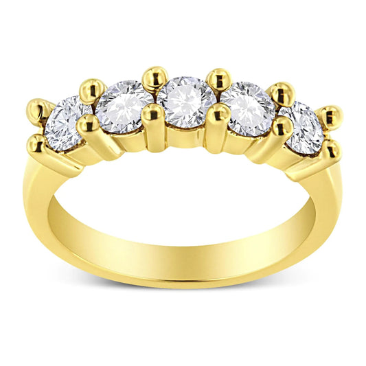 Anel de Banda com 5 Pedras de Diamante em Prata Esterlina .925 Banhada a Ouro Amarelo 14K com 1.0 Cttw de Diamantes Redondos em Compartilhamento de Garras (Cor J-K, Clareza I1-I2) WEM Support (www.WEM.support)