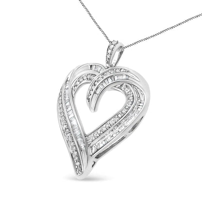 .925 Sterling Silver 3/4 Cttw Round and Baguette-Cut Diamond Open Heart 18" Pendant Necklace (I-J Color, I2-I3 Clarity) WEM Support (www.WEM.support)