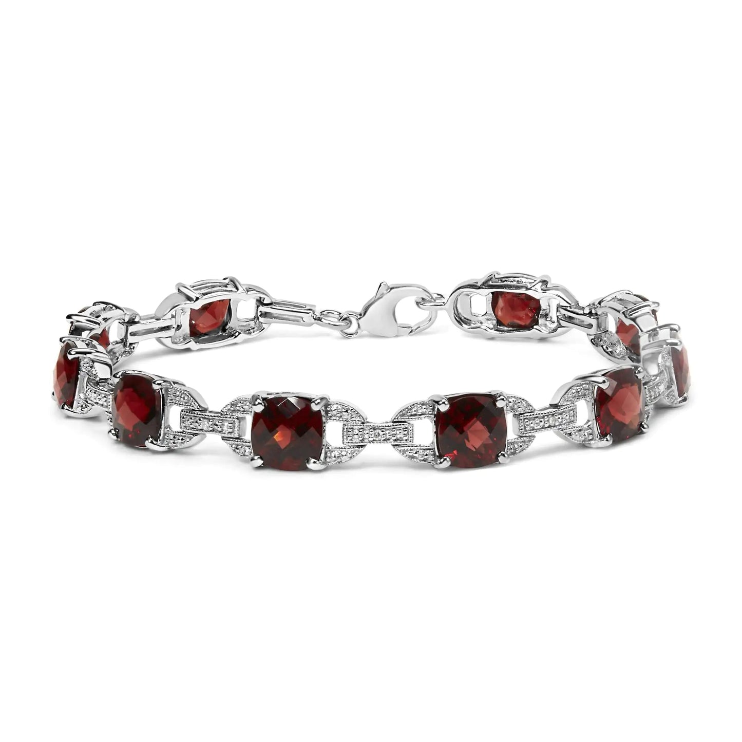 .925 Sterling Silver 7x7mm Checkered Cushion Red Garnet and Diamond Accent Fashion Tennis Link Bracelet (I-J Color, I1-I2 Clarity) - Size 7" Inch WEM Support (www.WEM.support)