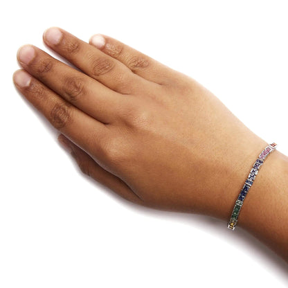 .925 Sterling Silver 12.0 Cttw Multi Colored Princess Cut Gemstone Link Tennis Bracelet (AAA Quality) - 7.25" Inches WEM Support (www.WEM.support)