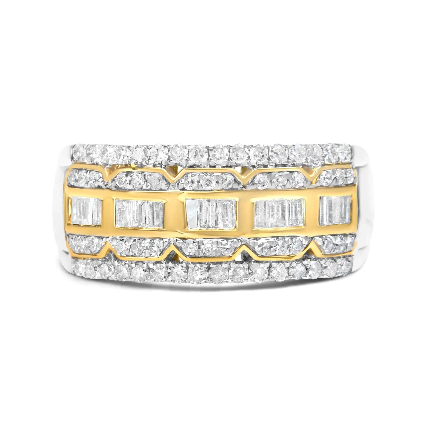 10K White and Yellow Gold 1.00 Cttw Baguette and Round cut Diamond Art Deco Multi-Row Ring Band (I-J Color, I1-I2 Clarity) WEM Support (www.WEM.support)