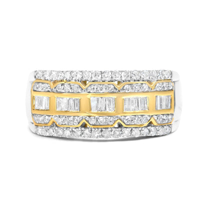 10K White and Yellow Gold 1.00 Cttw Baguette and Round cut Diamond Art Deco Multi-Row Ring Band (I-J Color, I1-I2 Clarity) WEM Support (www.WEM.support)