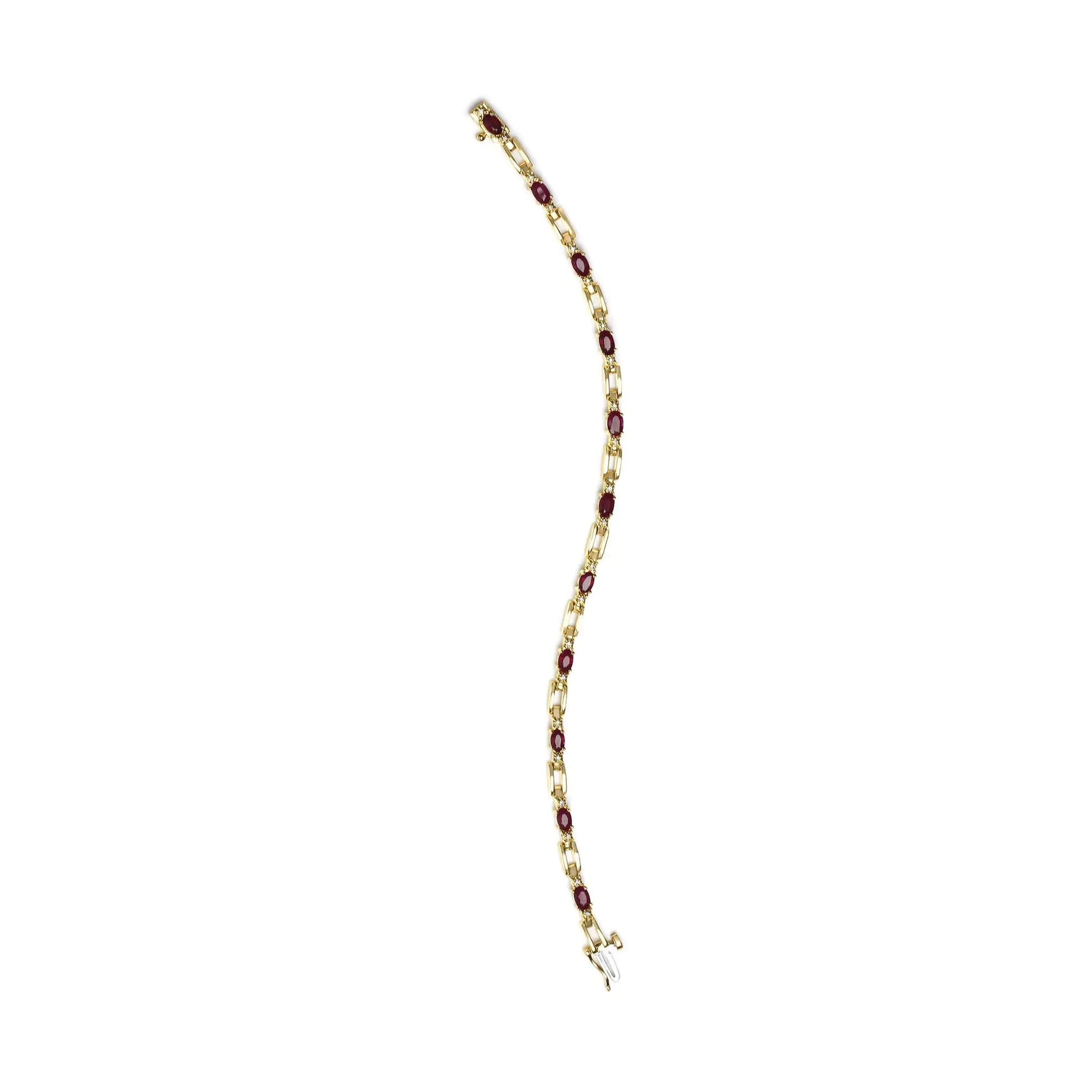 10K Yellow Gold Oval Ruby and 1/10 Cttw Diamond Bar Prong Set Bracelet (H-I Color, SI1-SI2 Clarity)  - Size 7" WEM Support (www.WEM.support)