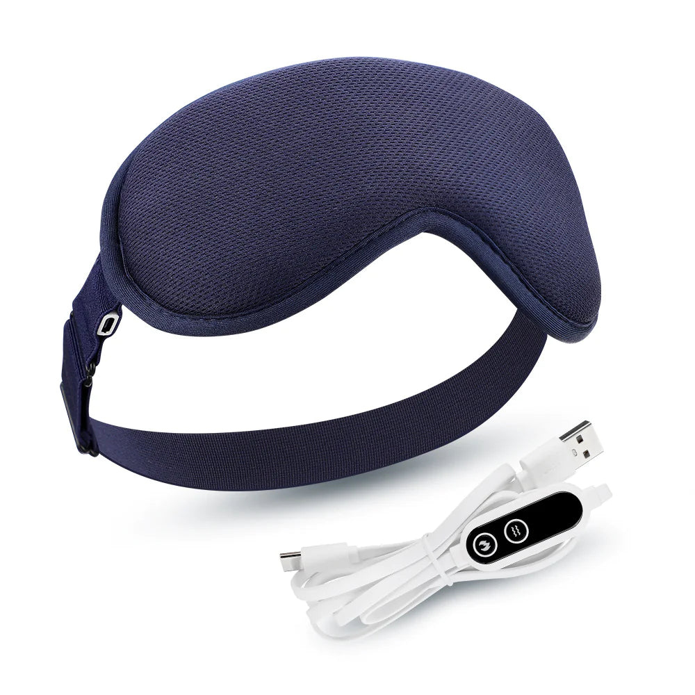 A blue electric steam eye mask with a USB power cable and a control unit.