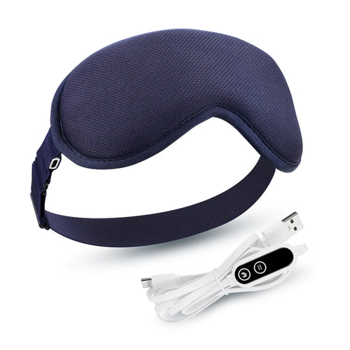 A blue electric steam eye mask with a USB power cable and a control unit.