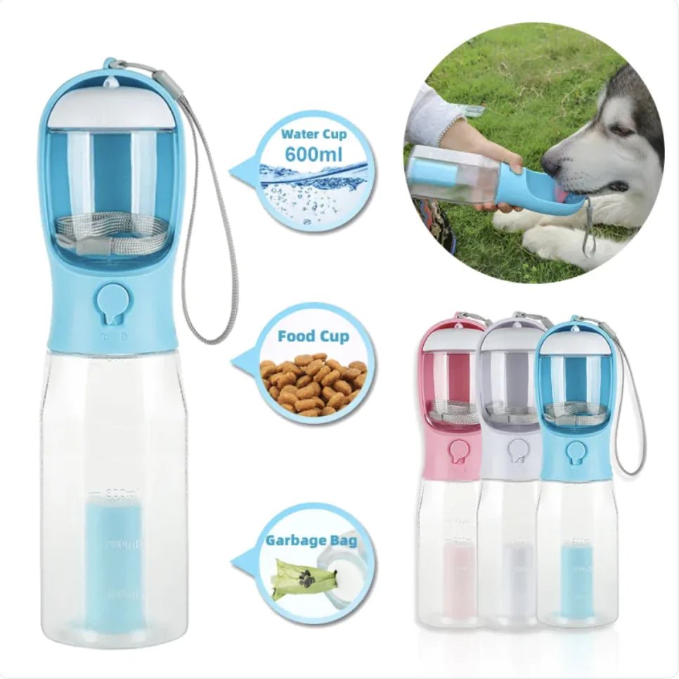 3 - in - 1 Portable Pet Water Bottle, Feeder & Waste Dispenser - Catch Cards