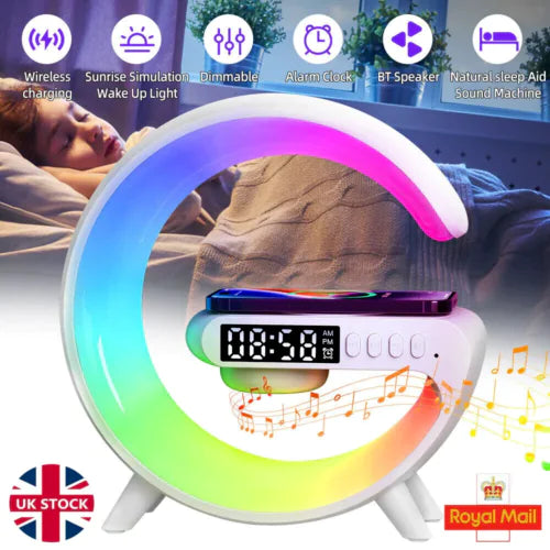 An image showing a couple lying in bed with the 3-in-1 Smart G Lamp, which is glowing with a multicolored light, placed on the bedside table.