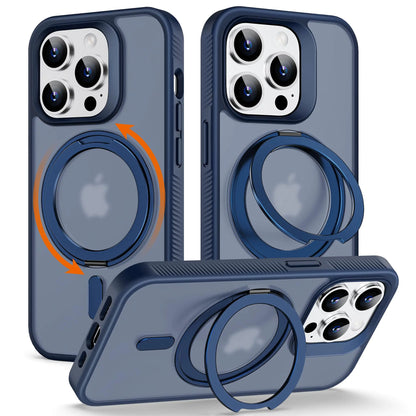 A blue silicone case for iPhone 12/12 Pro with a rotatable magnetic ring kickstand, designed for non-slip texture and compatibility with MagSafe, providing shockproof protection.