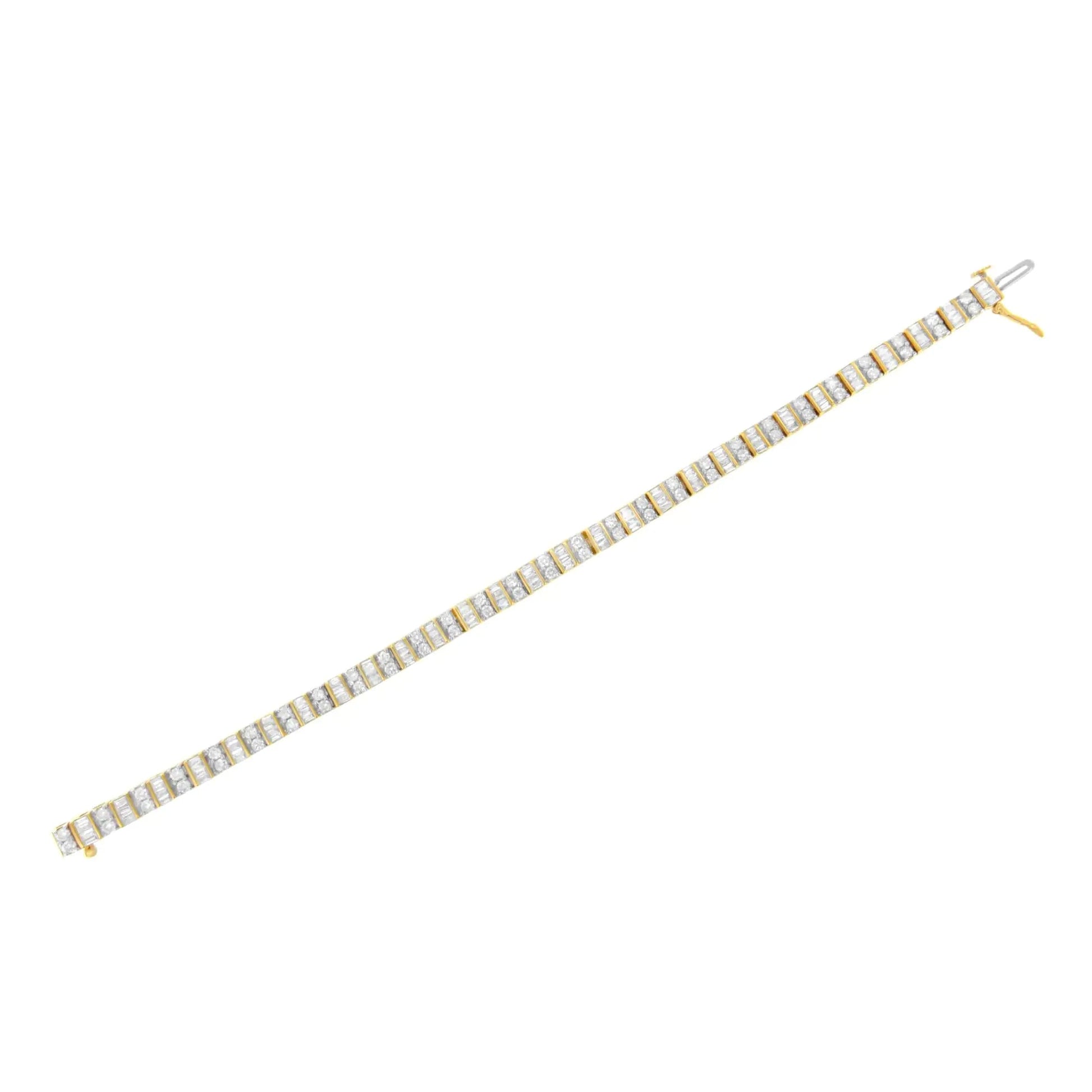 10K Yellow Gold 4.0 Cttw Alternating Baguette & Round Cut Diamond Bezel- & Prong-Set 7" Tennis Bracelet (G-H Color, SI1-SI2 Clarity) WEM Support (www.WEM.support)