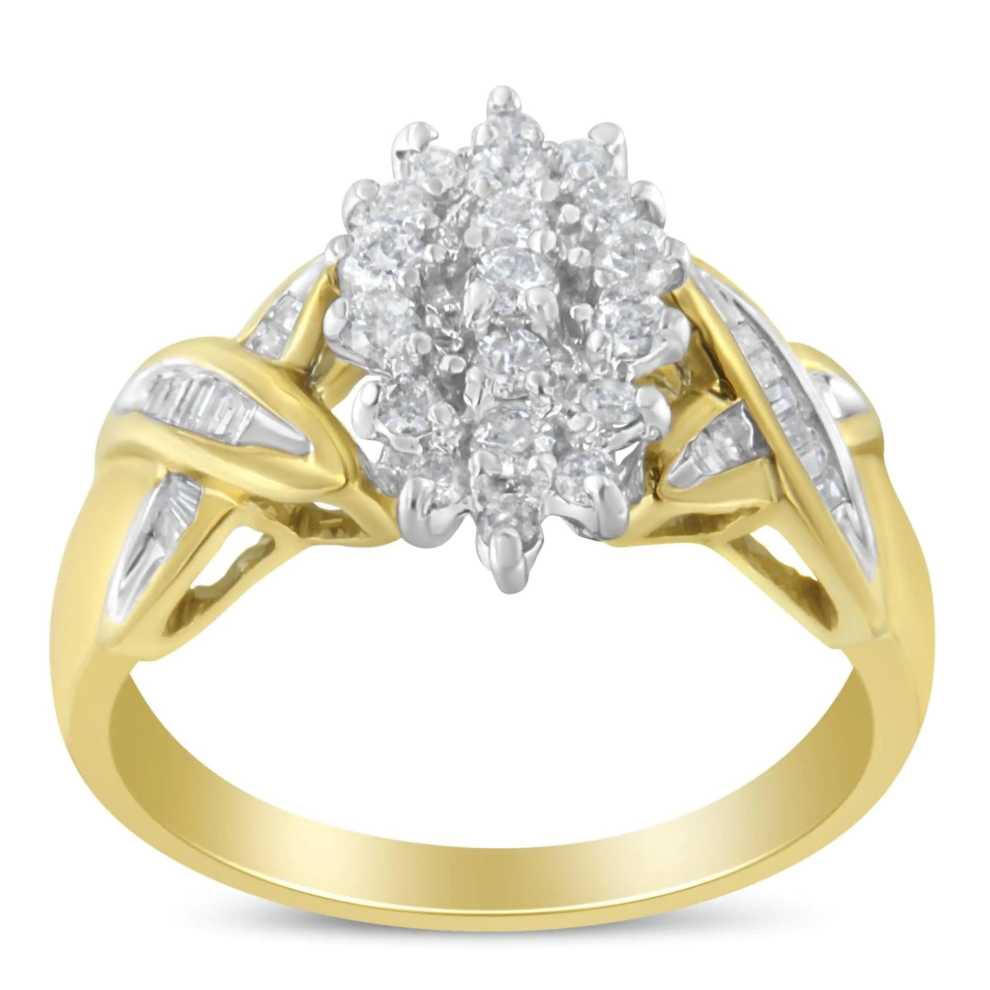 10K Two-Toned Round Baguette Diamond Cluster Ring (1/2 Cttw, I-J Color, I2-I3 Clarity) WEM Support (www.WEM.support)