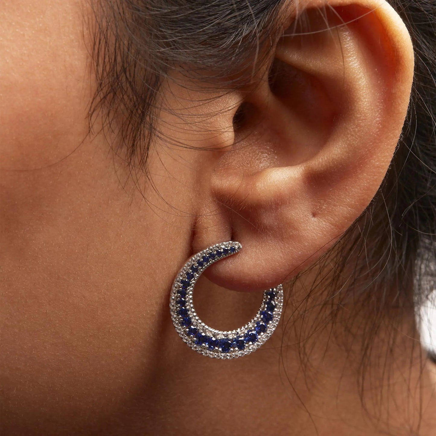 .925 Sterling Silver 2 3/4 Cttw Created Blue Sapphire Crescent Moon Disc Style Hoop Earrings - AAA Quality WEM Support (www.WEM.support)