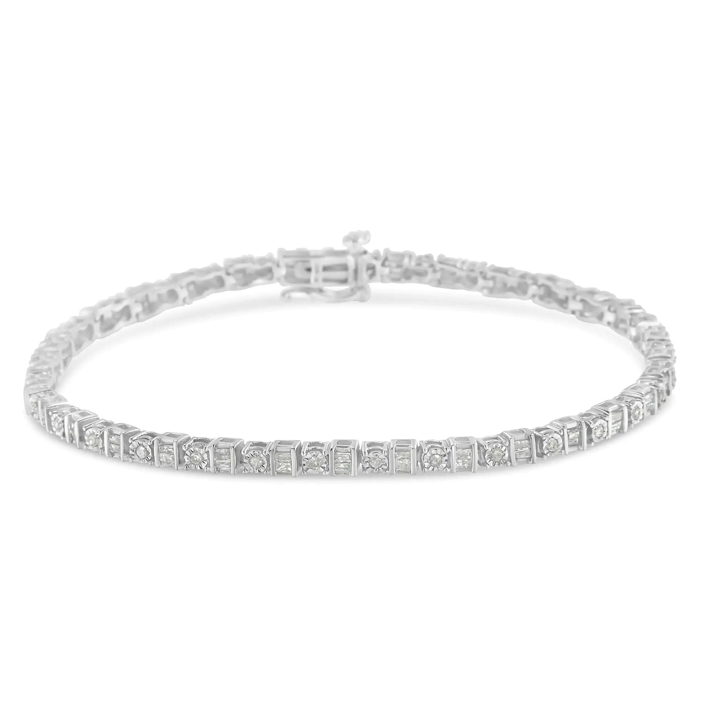 10K White Gold 1.0 Cttw Baguette & Round Diamond Alternating Link Tennis Bracelet (I-J Color, I2-I3 Clarity) - 7” WEM Support (www.WEM.support)