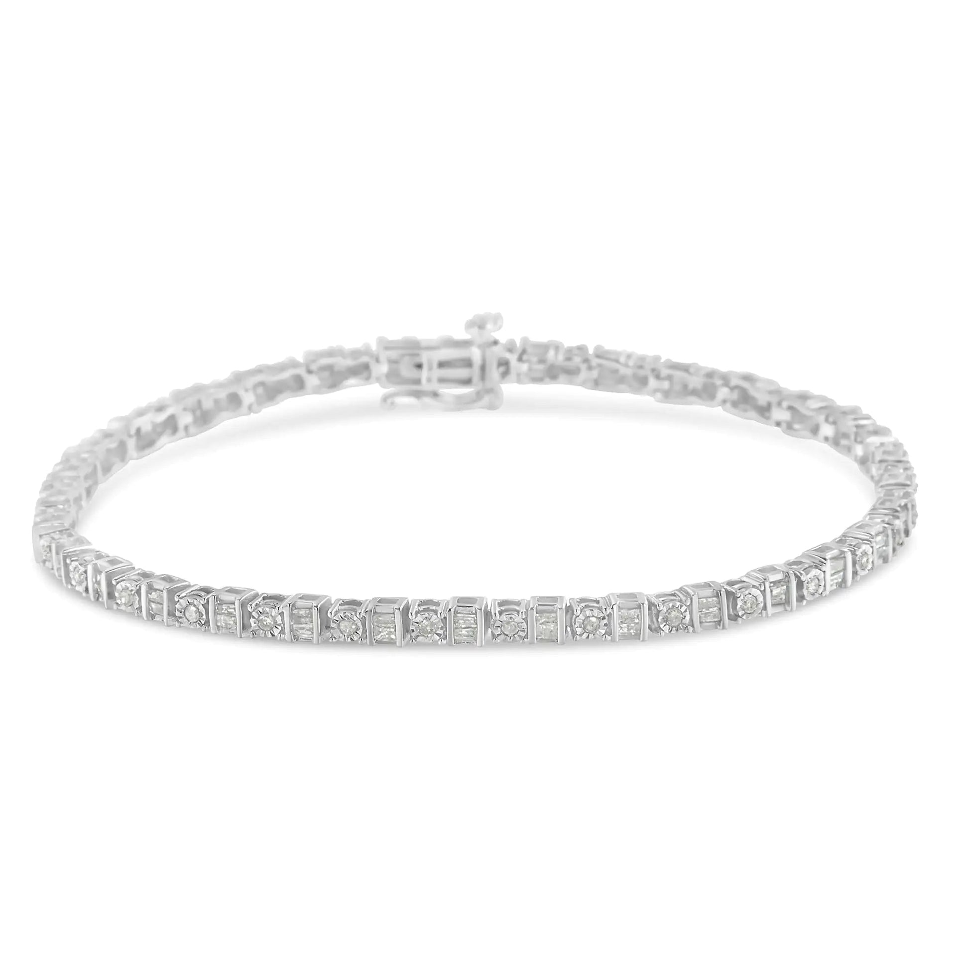 10K White Gold 1.0 Cttw Baguette & Round Diamond Alternating Link Tennis Bracelet (I-J Color, I2-I3 Clarity) - 7” WEM Support (www.WEM.support)