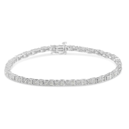 10K White Gold 1.0 Cttw Baguette & Round Diamond Alternating Link Tennis Bracelet (I-J Color, I2-I3 Clarity) - 7” WEM Support (www.WEM.support)