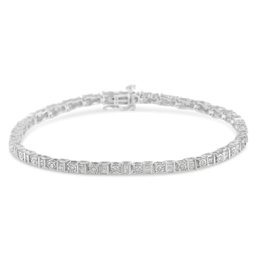 10K White Gold 1.0 Cttw Baguette & Round Diamond Alternating Link Tennis Bracelet (I-J Color, I2-I3 Clarity) - 7” WEM Support (www.WEM.support)