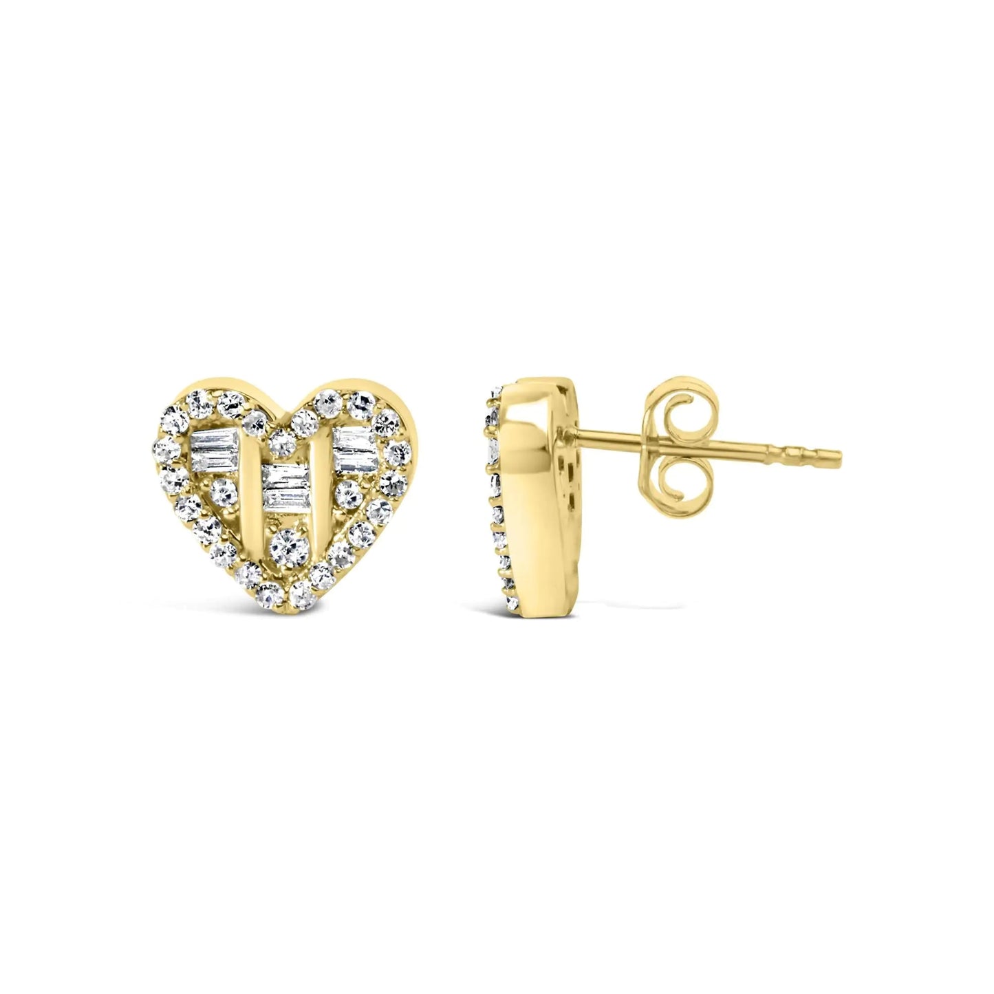 .925 Sterling Silver 1/2 Cttw Round and Baguette Diamond Composite Heart Shaped Stud Earring (I-J Color, SI2-I1 Clarity) WEM Support (www.WEM.support)