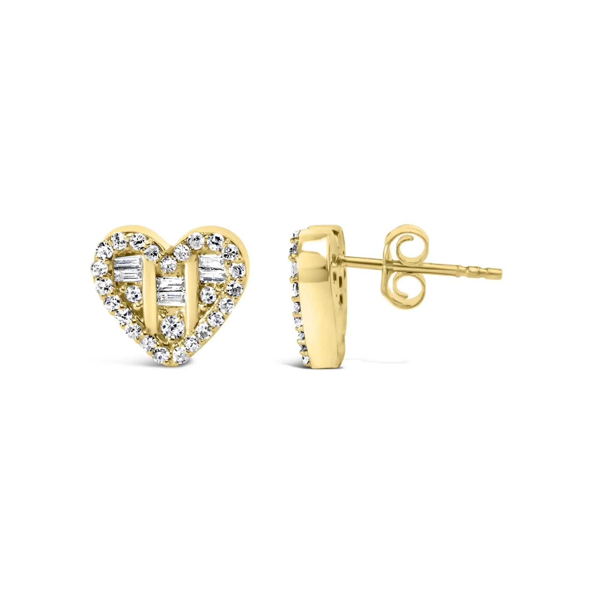 .925 Sterling Silver 1/2 Cttw Round and Baguette Diamond Composite Heart Shaped Stud Earring (I-J Color, SI2-I1 Clarity) WEM Support (www.WEM.support)
