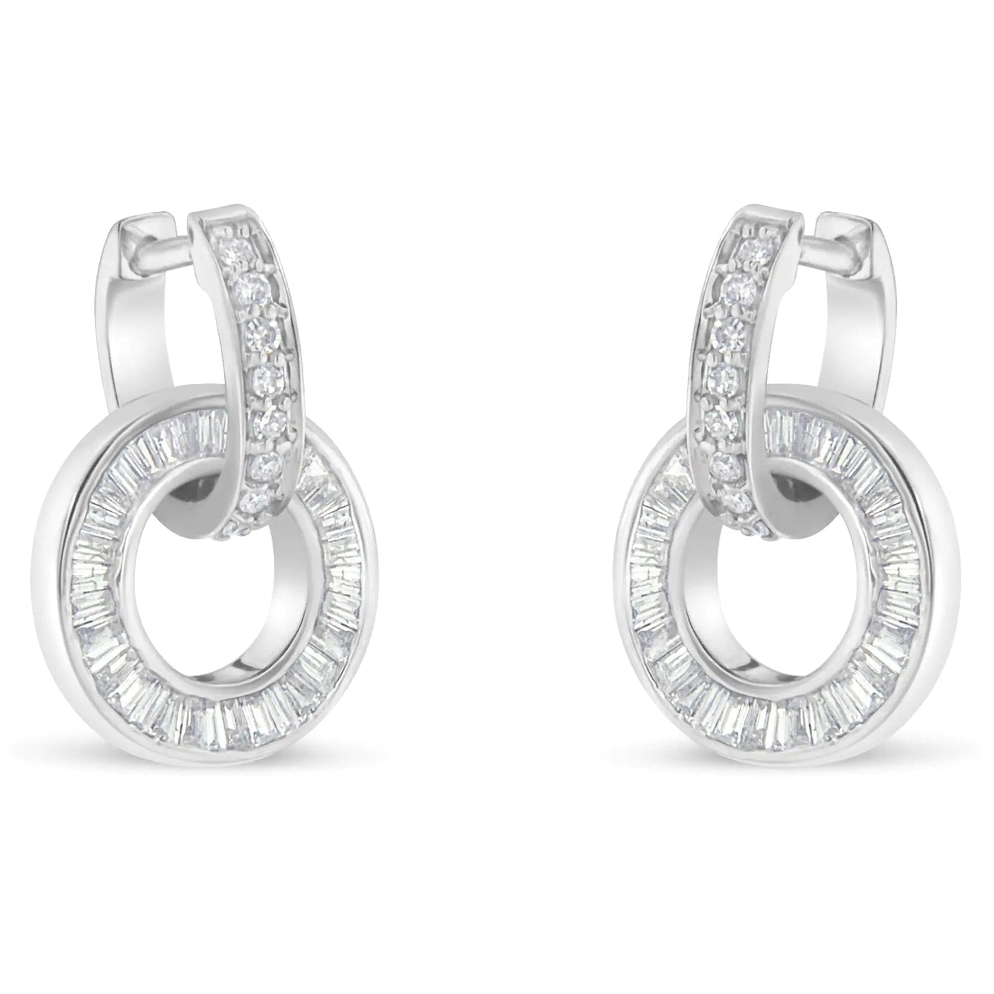 14k White Gold Round and Baguette Cut Diamond Earrings (1 cttw, G-H Color, SI1-SI2 Clarity) WEM Support (www.WEM.support)