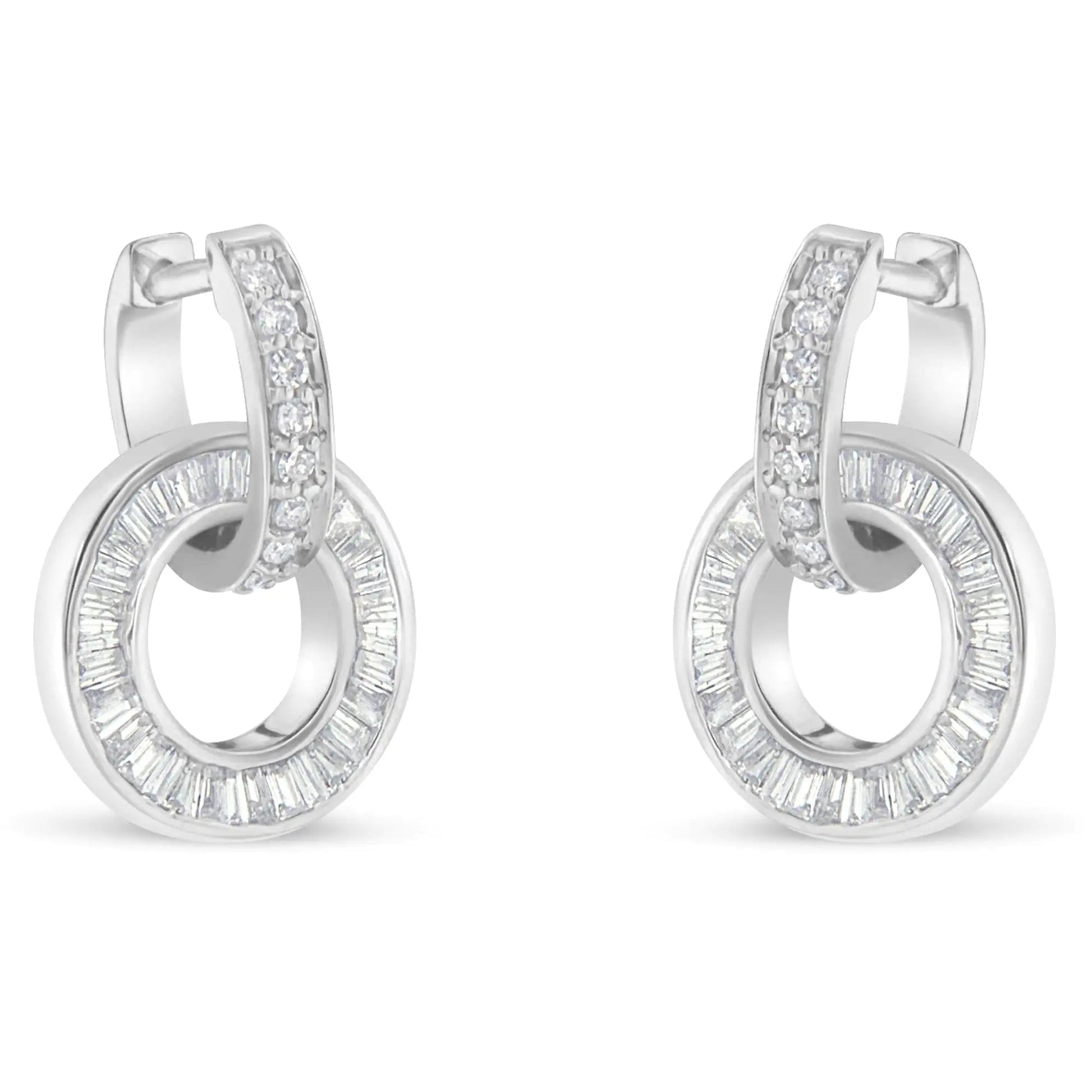 14k White Gold Round and Baguette Cut Diamond Earrings (1 cttw, G-H Color, SI1-SI2 Clarity) WEM Support (www.WEM.support)