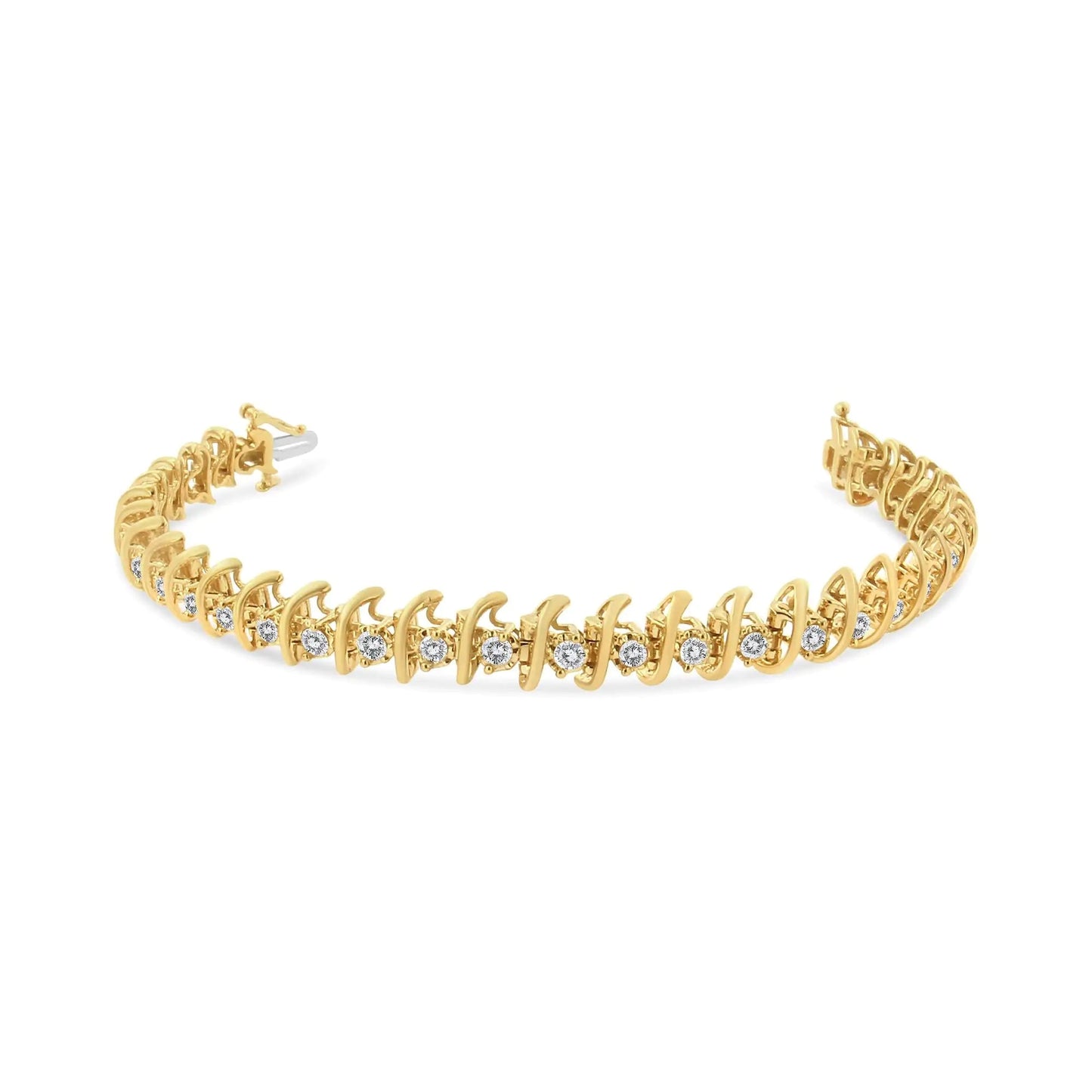 10K Yellow Gold Plated .925 Sterling Silver 3.00 Cttw Prong-Set Brilliant Round-cut Diamond "S" Link Bracelet (J-K Color, I2-I3 Clarity) - Size 7.5 WEM Support (www.WEM.support)