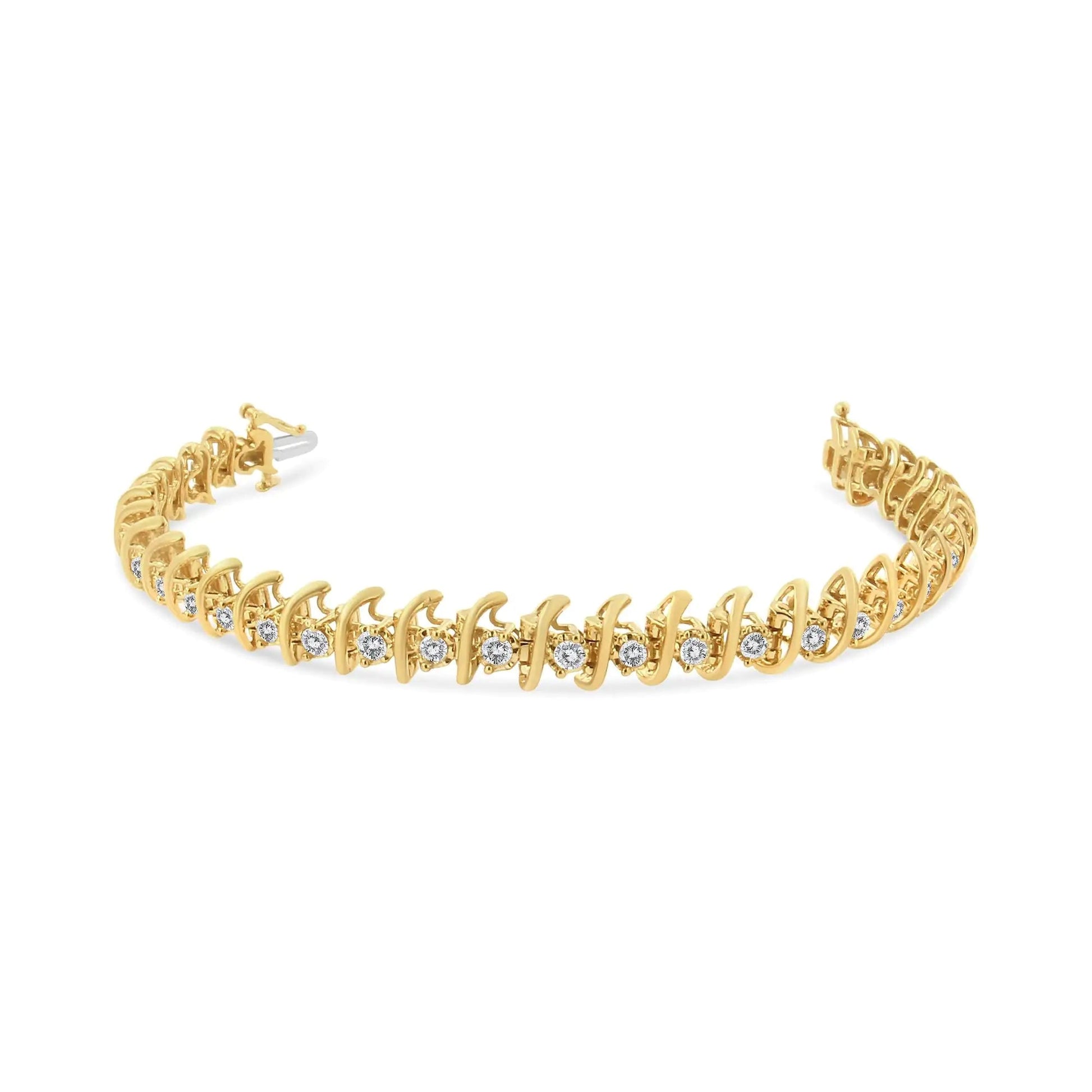 10K Yellow Gold Plated .925 Sterling Silver 3.00 Cttw Prong-Set Brilliant Round-cut Diamond "S" Link Bracelet (J-K Color, I2-I3 Clarity) - Size 7.5 WEM Support (www.WEM.support)