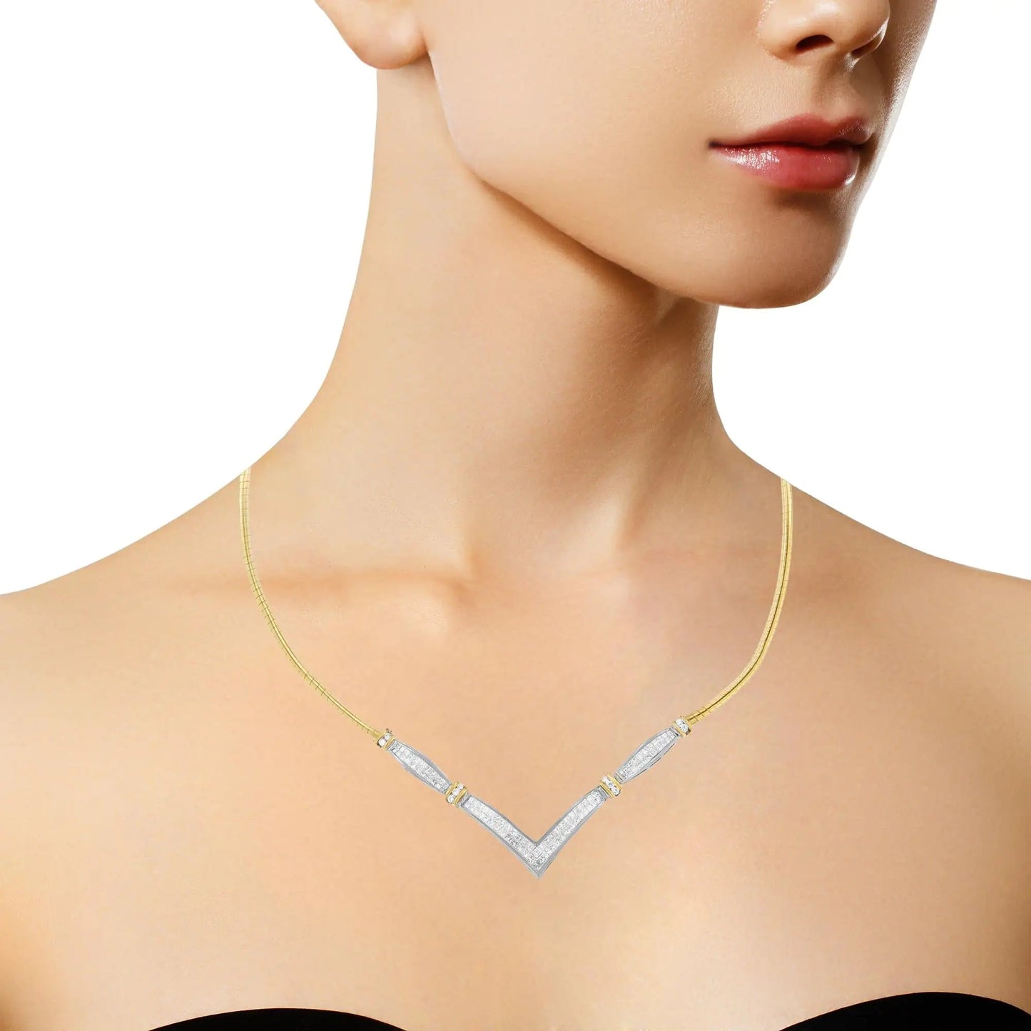 14K Yellow and White Gold 2.00 Cttw Round and Princess-Cut Diamond 'V' Shape Statement Necklace (H-I Color, SI2-I1 Clarity) - 18" WEM Support (www.WEM.support)