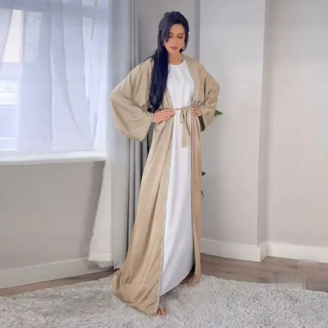 Rhinestone Dress Fashion Satin Soft Shawl Waist-tight Robe WEM Support (www.WEM.support)