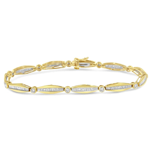 14K Yellow Gold 1-1/2 Cttw Round Brilliant-Cut & Baguette Cut Diamond Bezel and Tapered Link 7" Tennis Bracelet (H-I Color, I1-I2 Clarity) WEM Support (www.WEM.support)