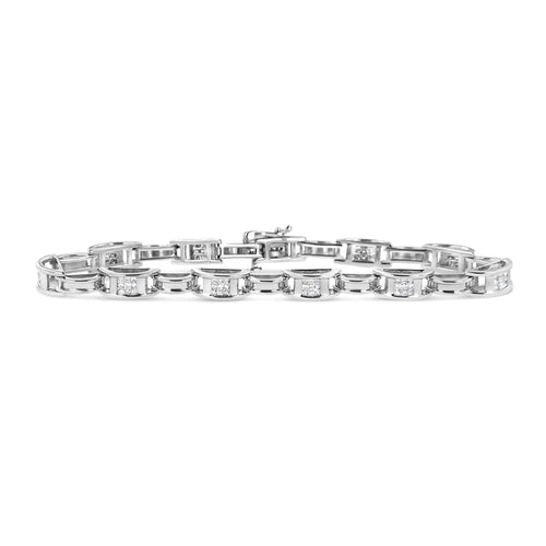 14K White Gold 1.0 Cttw Invisible Set Princess Diamond Alternating Link Tennis Bracelet (I-J Color, I1-I2 Clarity) - 7.25" WEM Support (www.WEM.support)