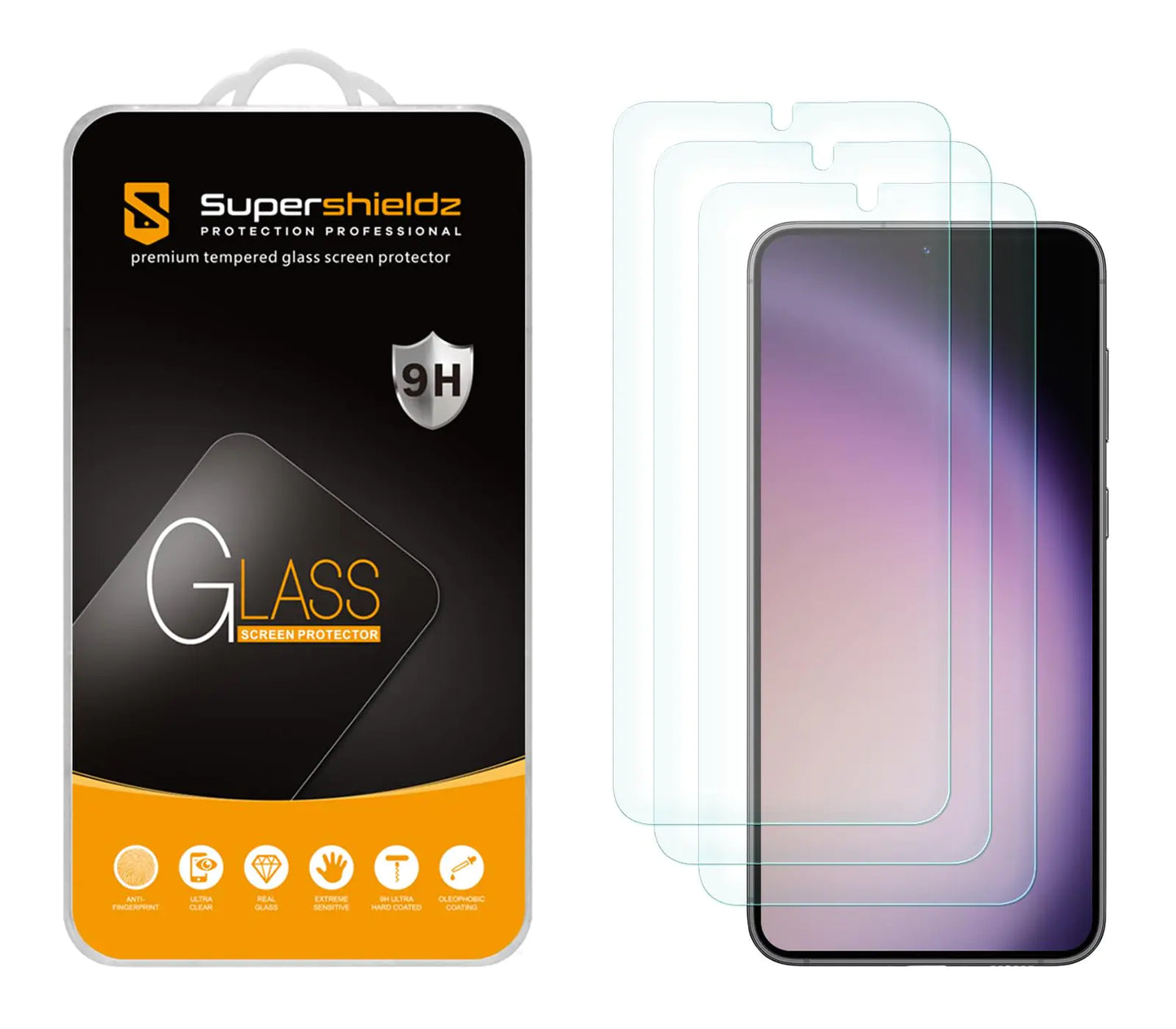 Packaging of Supershieldz tempered glass screen protector for Samsung Galaxy S24 Plus, indicating 9H hardness and anti-scratch properties.