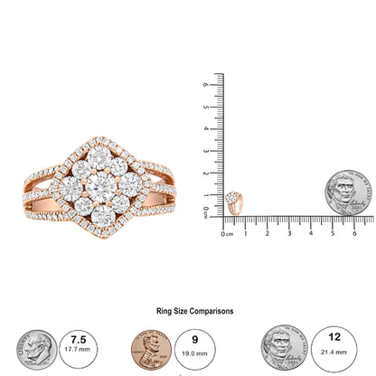 18K Rose Gold 1 1/4 Cttw Diamond Halo Cluster Split Shank Ring Band (F-G Color, VS1-VS2 Clarity) WEM Support (www.WEM.support)