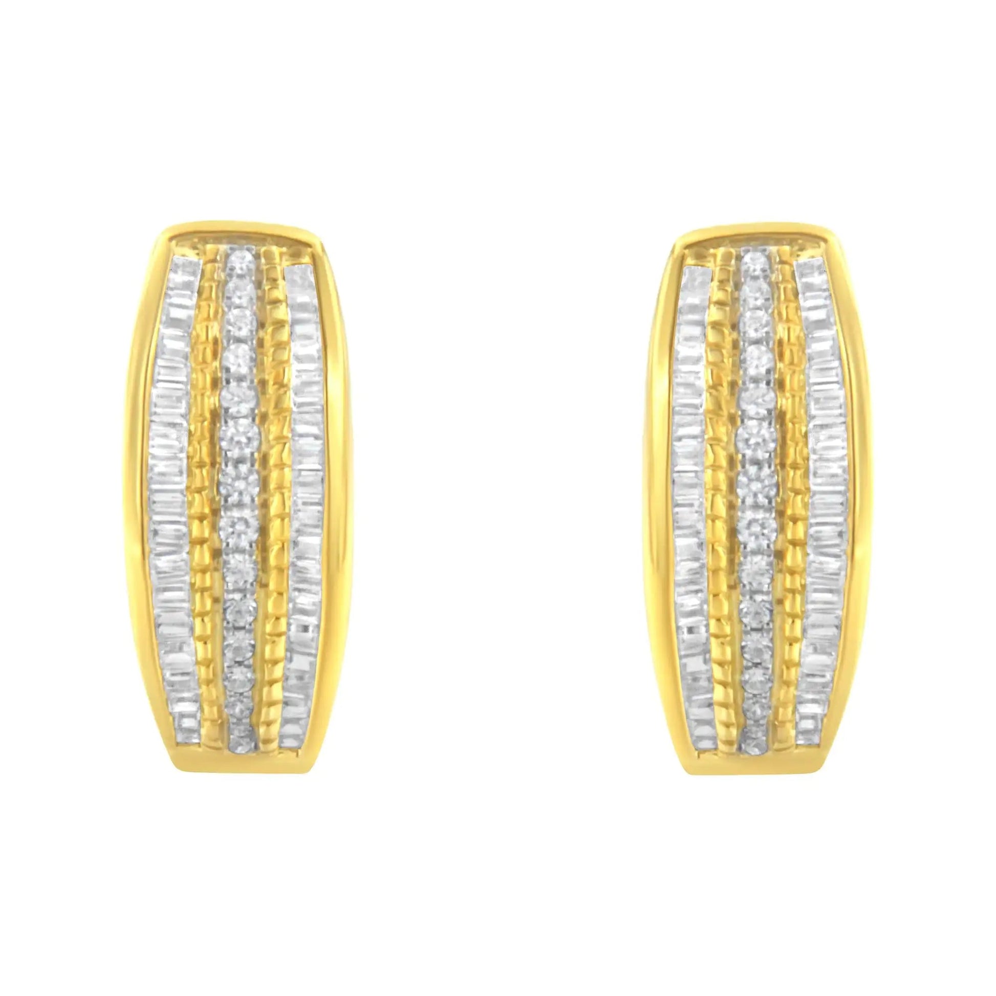 10K Yellow Gold 3/4 Cttw Pave and Channel Set Diamond Triple Row Modern Hoop Earrings (I-J Color, I2-I3 Clarity) WEM Support (www.WEM.support)