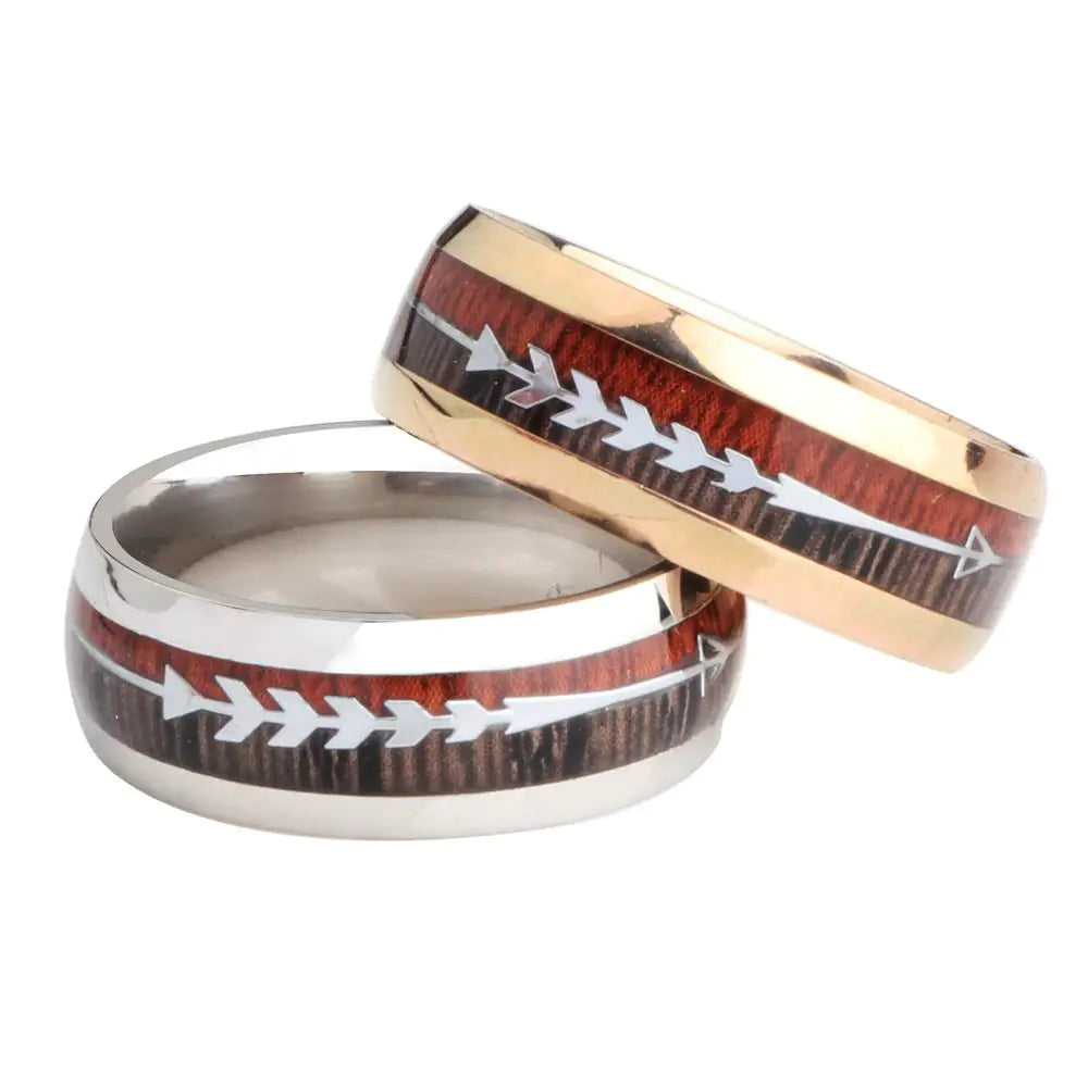 Stainless Steel Wood Grain Arrow Inlaid Ring WEM Support (www.WEM.support)