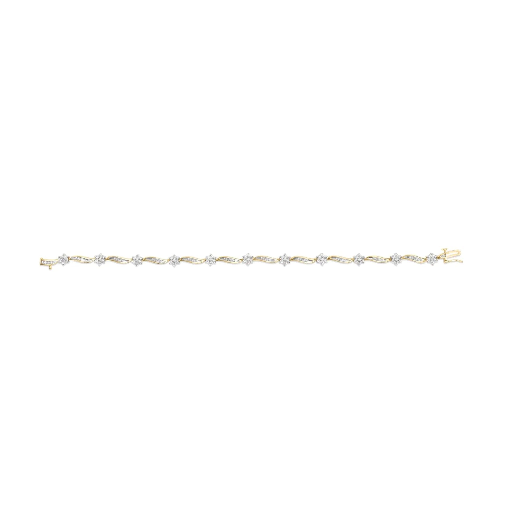 10K Yellow Gold 2.00 Cttw Round-Cut and Baguette-Cut Floral Design Swirl Link 7.5" Bracelet (H-I Color, I2-I3 Clarity) WEM Support (www.WEM.support)