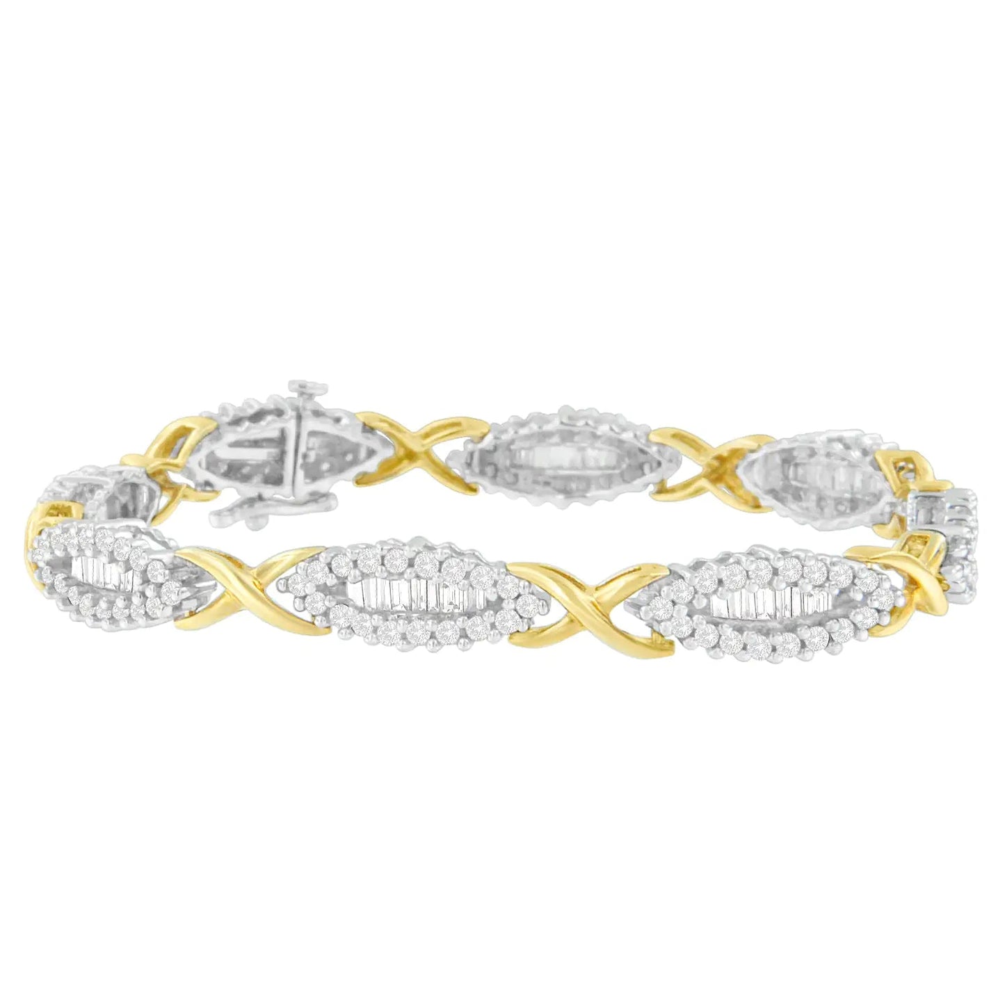 10K Two-Toned Round and Baguette-cut Diamond Bracelet (3 cttw, H-I Color, I2-I3 Clarity) WEM Support (www.WEM.support)