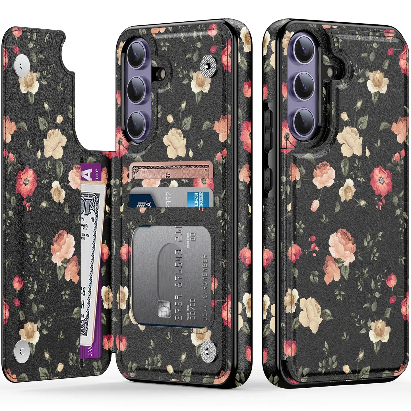 LETO for Samsung Galaxy S24 Plus Wallet Case - Flip Folio Leather Kickstand - Fashionable Flower Designs - Credit Card Holder - Protective Phone Cover for Women and Girls - 6.7" - White Pink Flowers