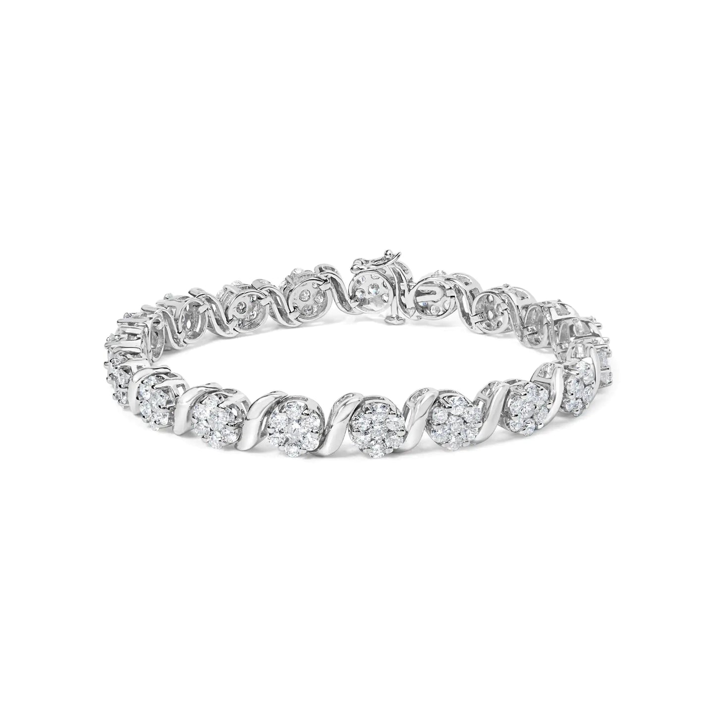 14K White Gold 7 3/8 Cttw Round Brilliant Diamond Floral Cluster and S Link Bracelet (H-I Color, SI2-I1 Clarity) - 7" Inches WEM Support (www.WEM.support)