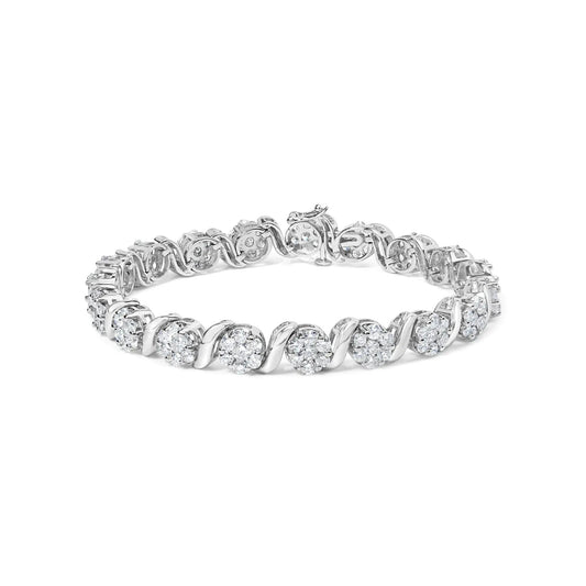 14K White Gold 7 3/8 Cttw Round Brilliant Diamond Floral Cluster and S Link Bracelet (H-I Color, SI2-I1 Clarity) - 7" Inches WEM Support (www.WEM.support)