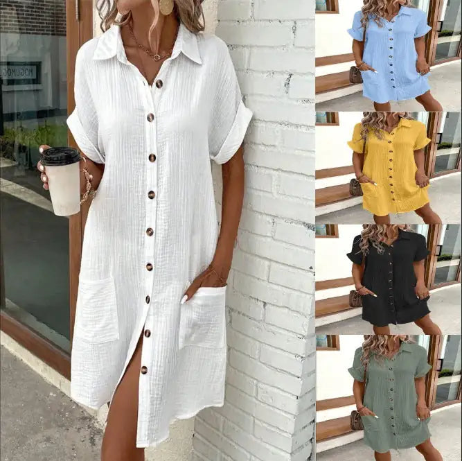 Summer Short Sleeve Shirt Dress Fashion Solid Color Single-breasted Mid-length Loose Dress WEM Support (www.WEM.support)