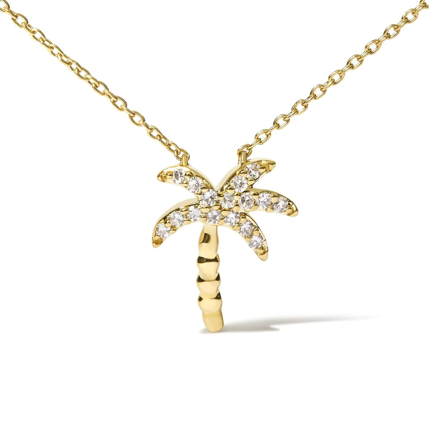 10K Yellow Gold 1/10 Cttw Round Diamond Palm Tree 18" Inch Pendant Necklace (H-I Color, I1-I2 Clarity) WEM Support (www.WEM.support)