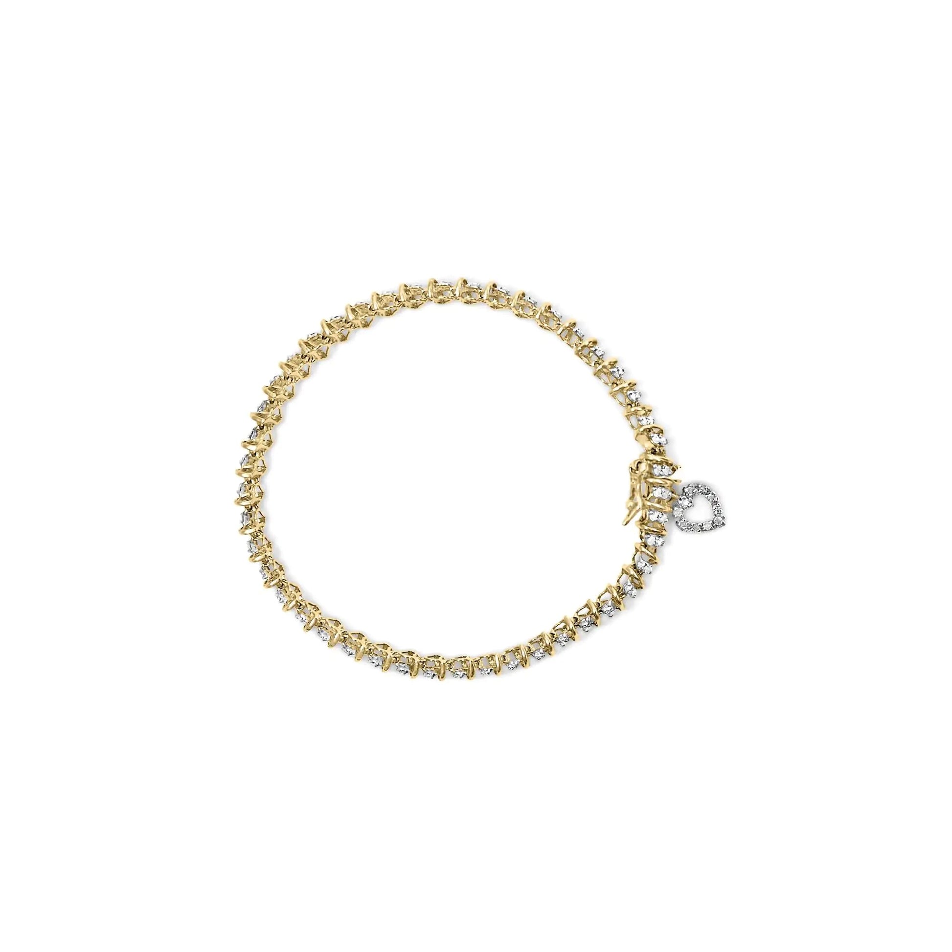 10K Yellow Gold 1.00 Cttw Diamond Spiral Link 7" Bracelet with Heart Charm (H-I Color, I3 Clarity) WEM Support (www.WEM.support)
