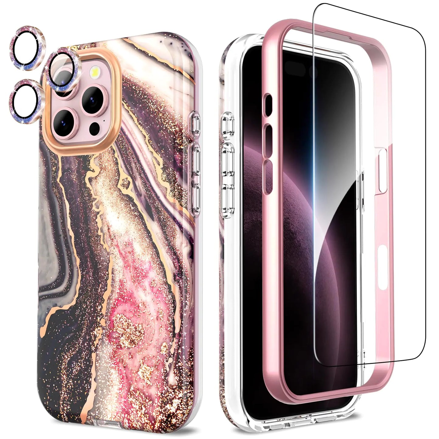 Compatible with iPhone 16 Pro Max Case with Glitter Camera Lens Protector+Screen Protector 360 Full Body Protective Case Stylish Shockproof Anti-Scratch Phone Cover for iPhone 16 Pro Max 6.9'',Purple