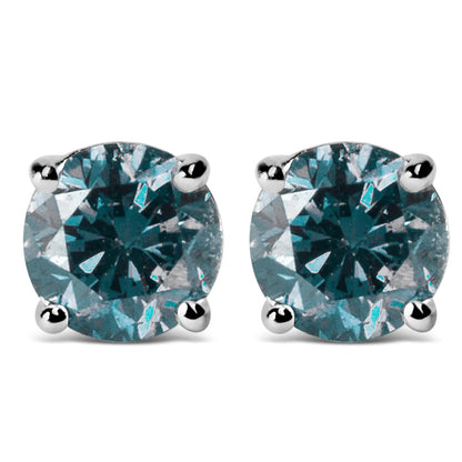 14K Gold Round Brilliant Cut Lab Grown Blue Diamond 4-Prong Classic Solitaire Stud Earrings with Screwbacks WEM Support (www.WEM.support)